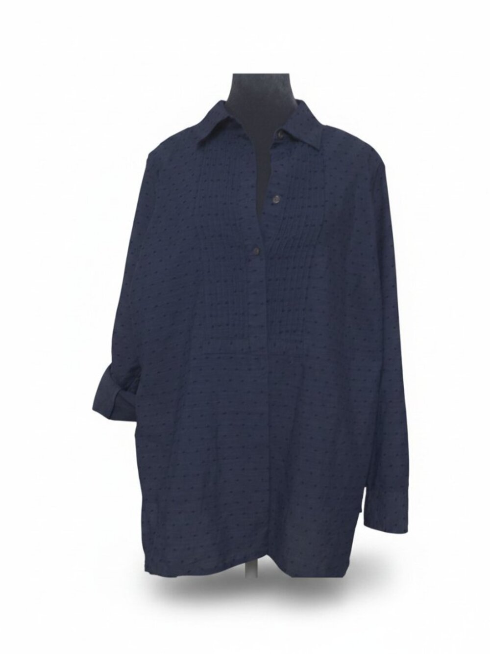 Talbots Woman 1X Blue Swiss Dot Button Down Shirt Roll Tab Cotton-Blend